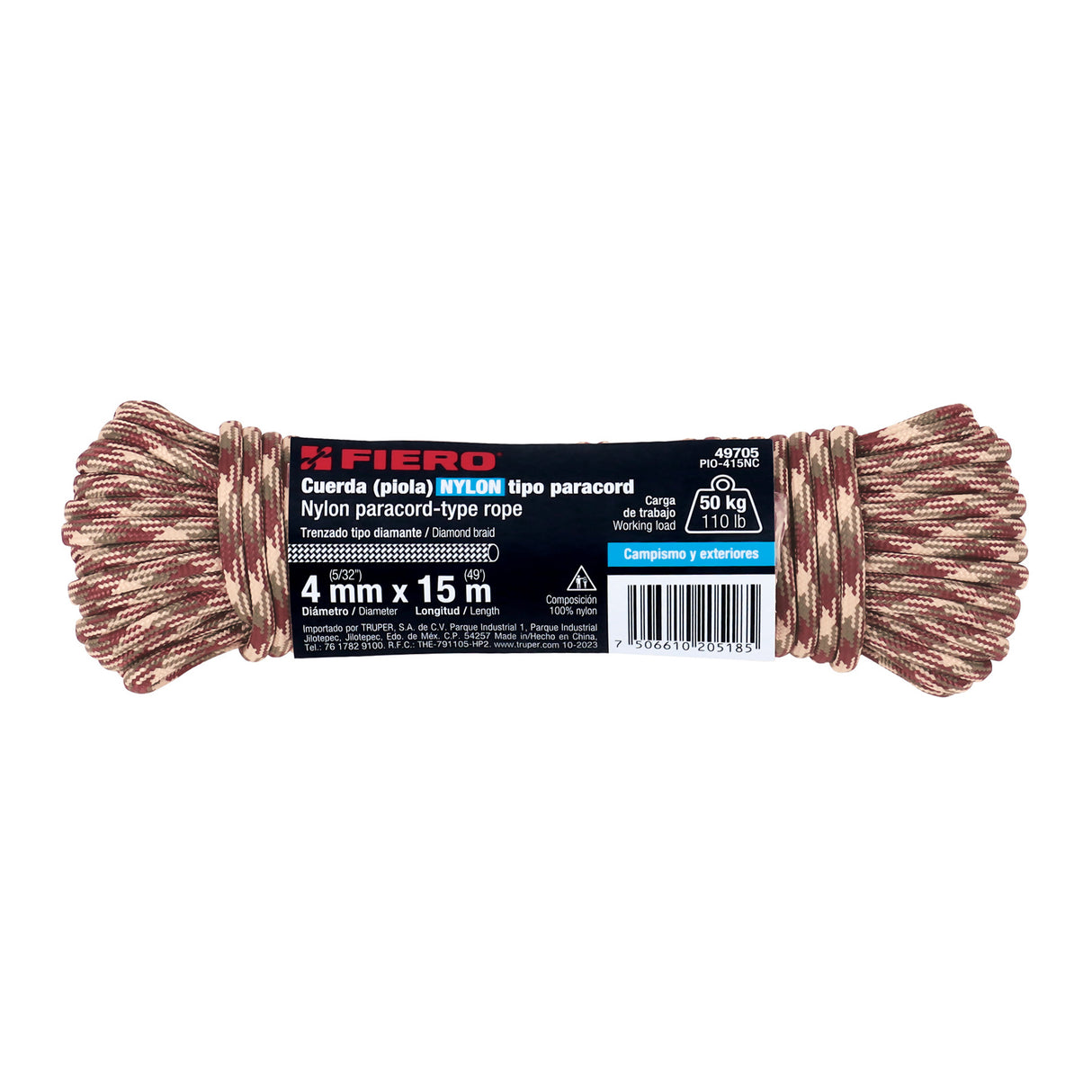 Piola de Nylon Paracord de 4 mm X 15M Camo, Madeja, Fiero