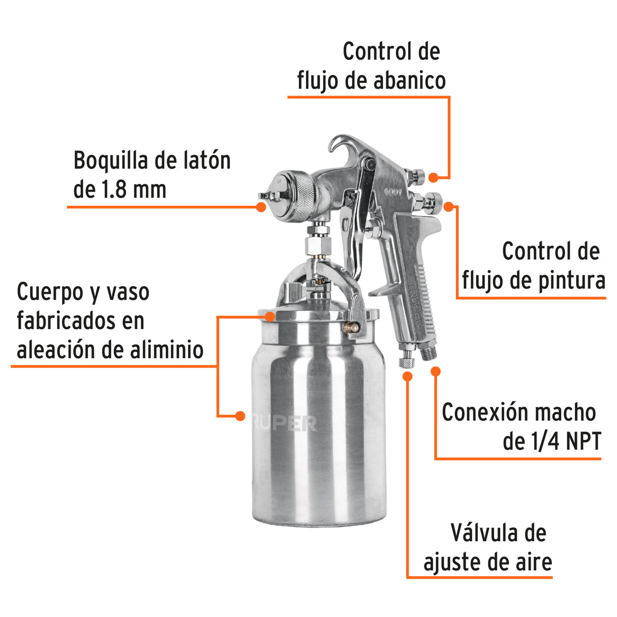 Pistola para Pintar Succión Hvhp Vaso Alum, 1.8 mm, 3 Vál Truper