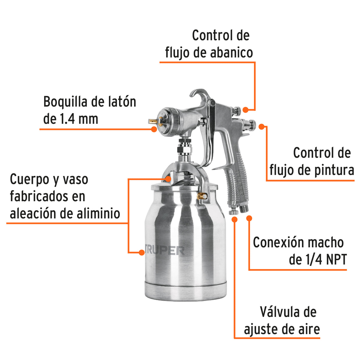 Pistola para Pintar Succión Hvlp Vaso Aluminio, 1.4 mm, Truper