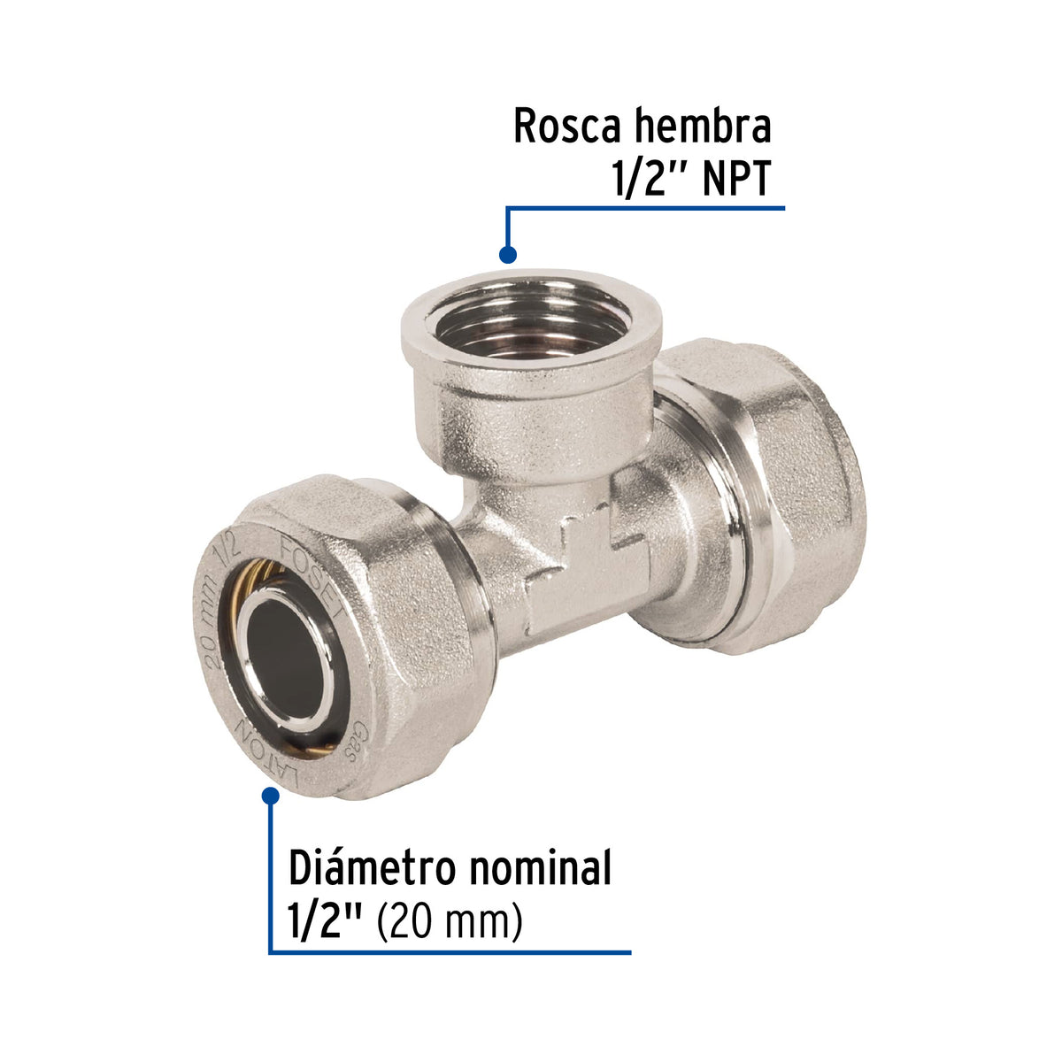 Tee para Pealpe, 1/2', con Rosca Hembra Central, Foset