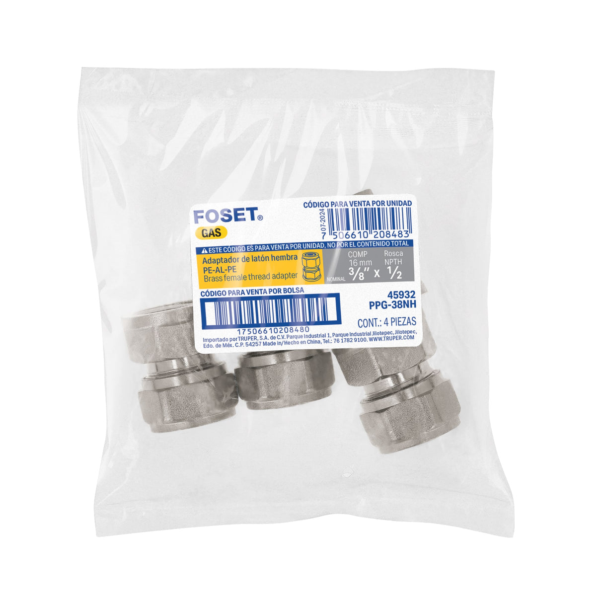 Conector para Pealpe, 3/8', con Rosca Hembra, Foset