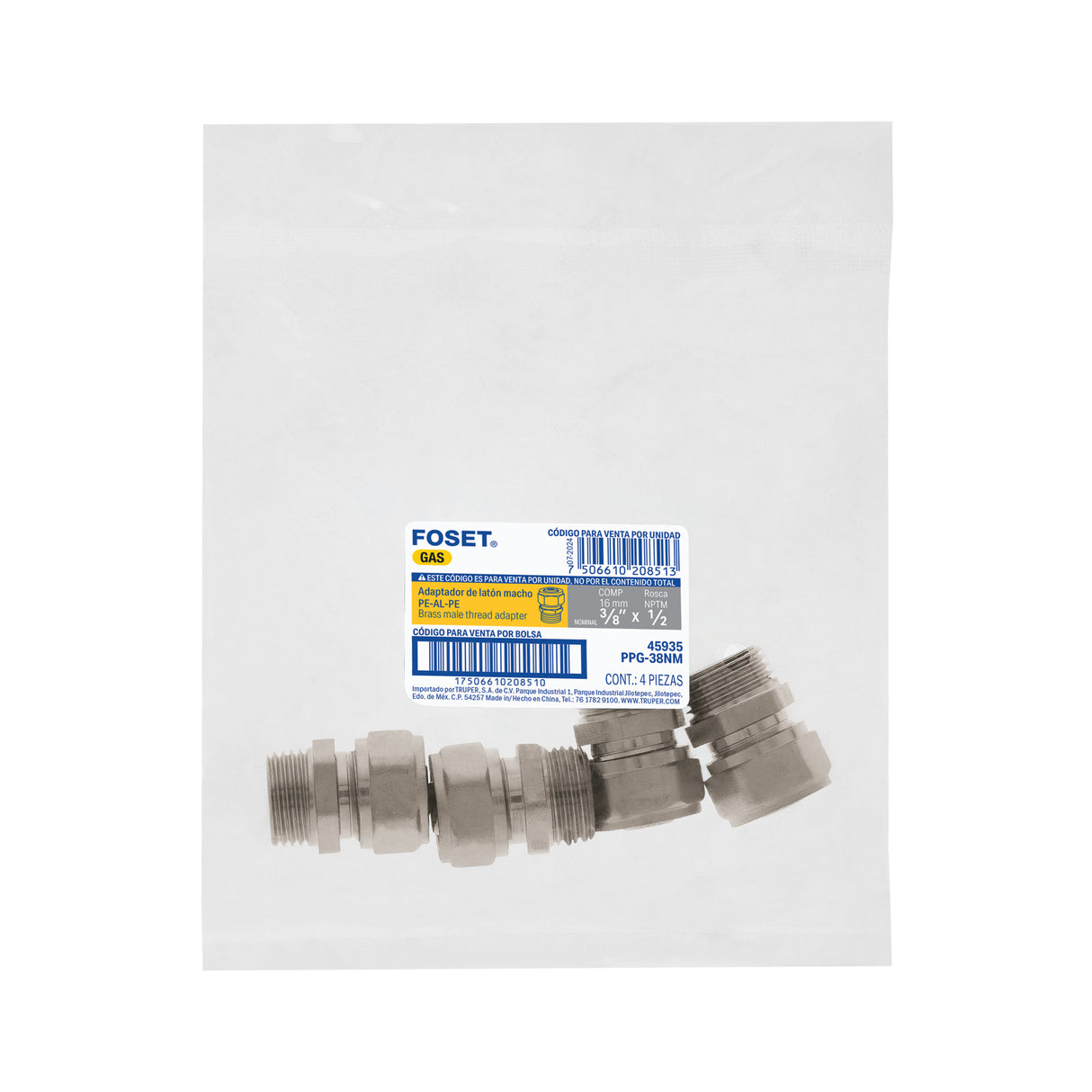 Conector para Pealpe, 3/8', con Rosca Macho, Foset