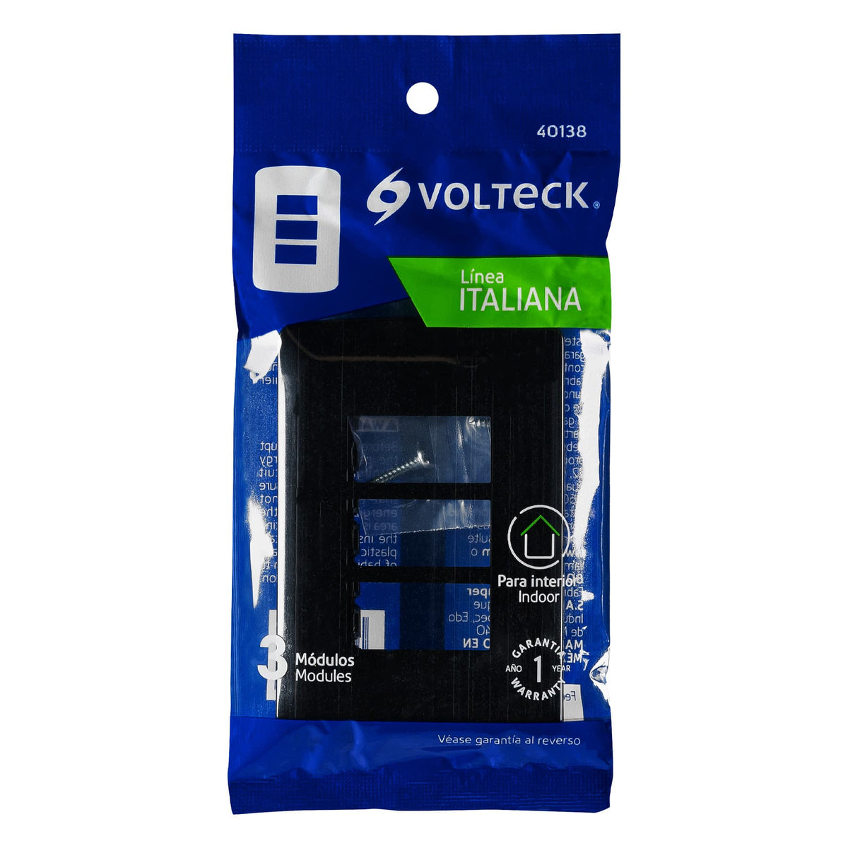 Placa de 3 Módulos, Negra, Línea Italiana, Volteck
