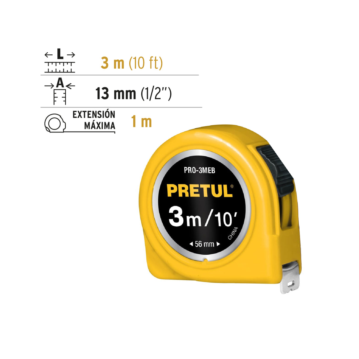 Flexómetro Amarillo 3 m Cinta 13 mm, en Tarjeta, Pretul