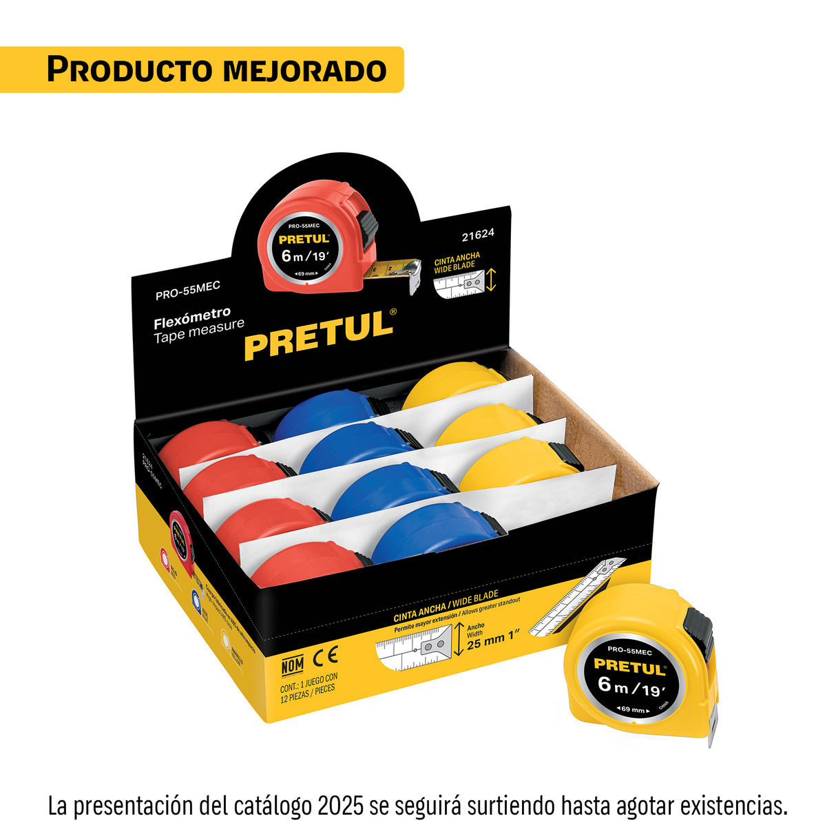 Flexómetro 5.5 m Cinta 25 mm, Display Box con 12 Pzas, Pretul