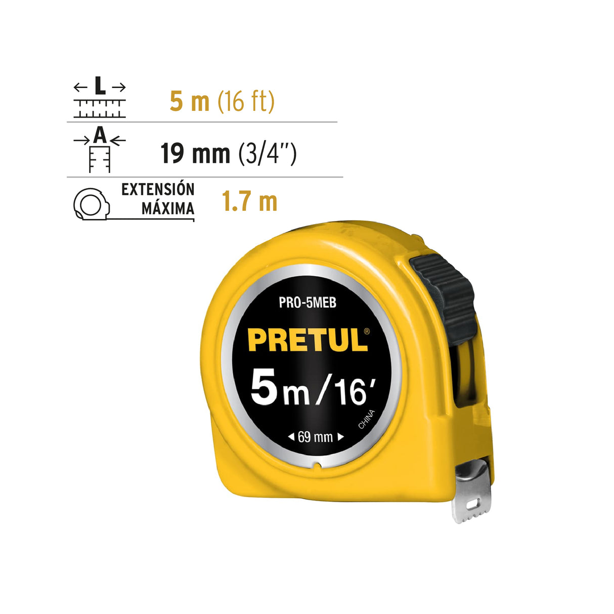 Flexómetro Amarillo 5 m Cinta 19 mm, en Tarjeta, Pretul