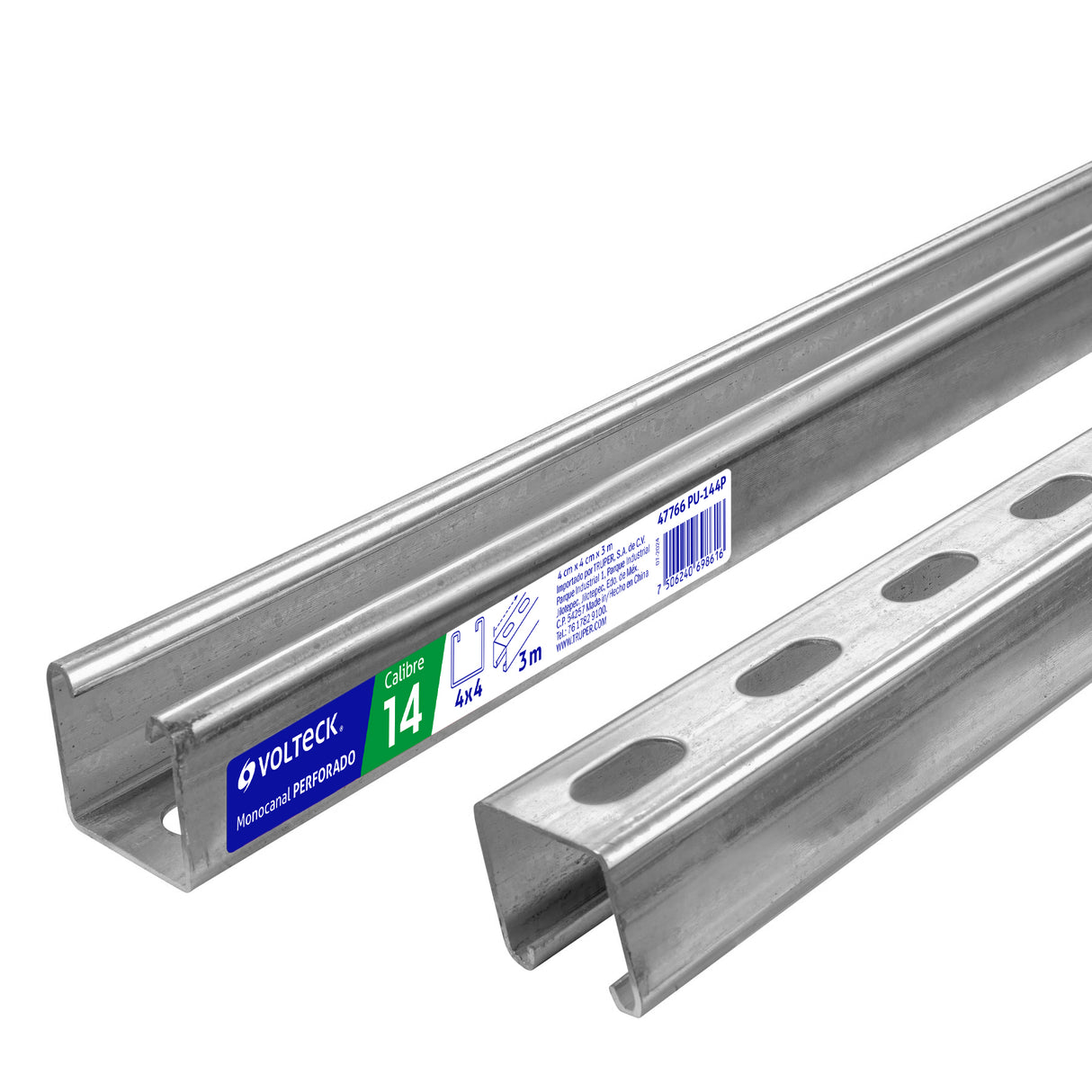 Perfil monocanal perforado de 3 m, 4 x 4 cm cal. 14, Volteck