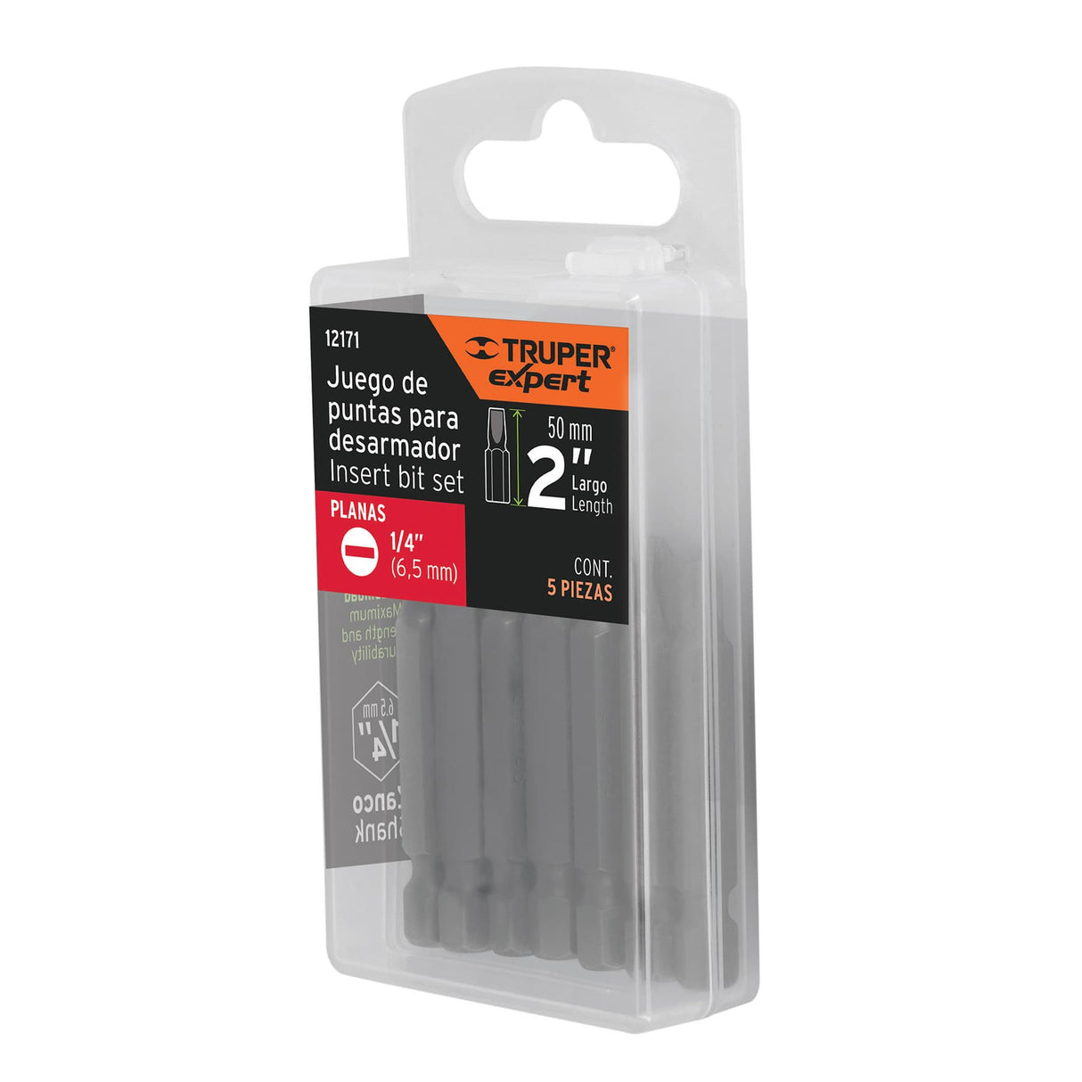 Estuche con 5 Puntas Planas de 1/4' Largo 2', Truper Expert