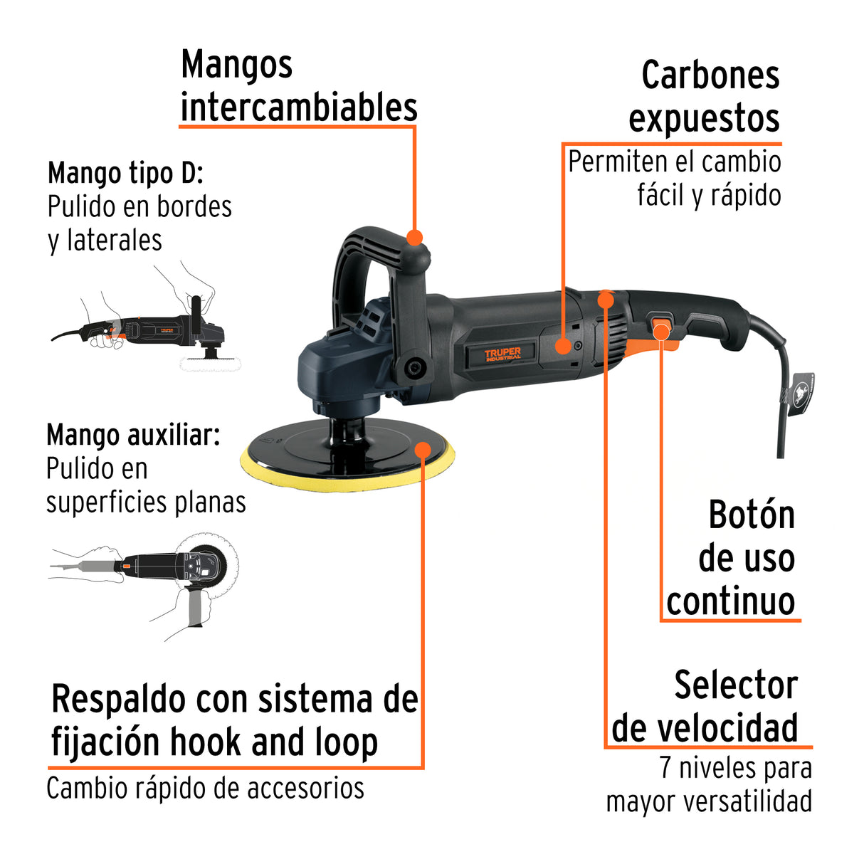 Pulidora Rotativa 7', 1200 W, Truper Industrial
