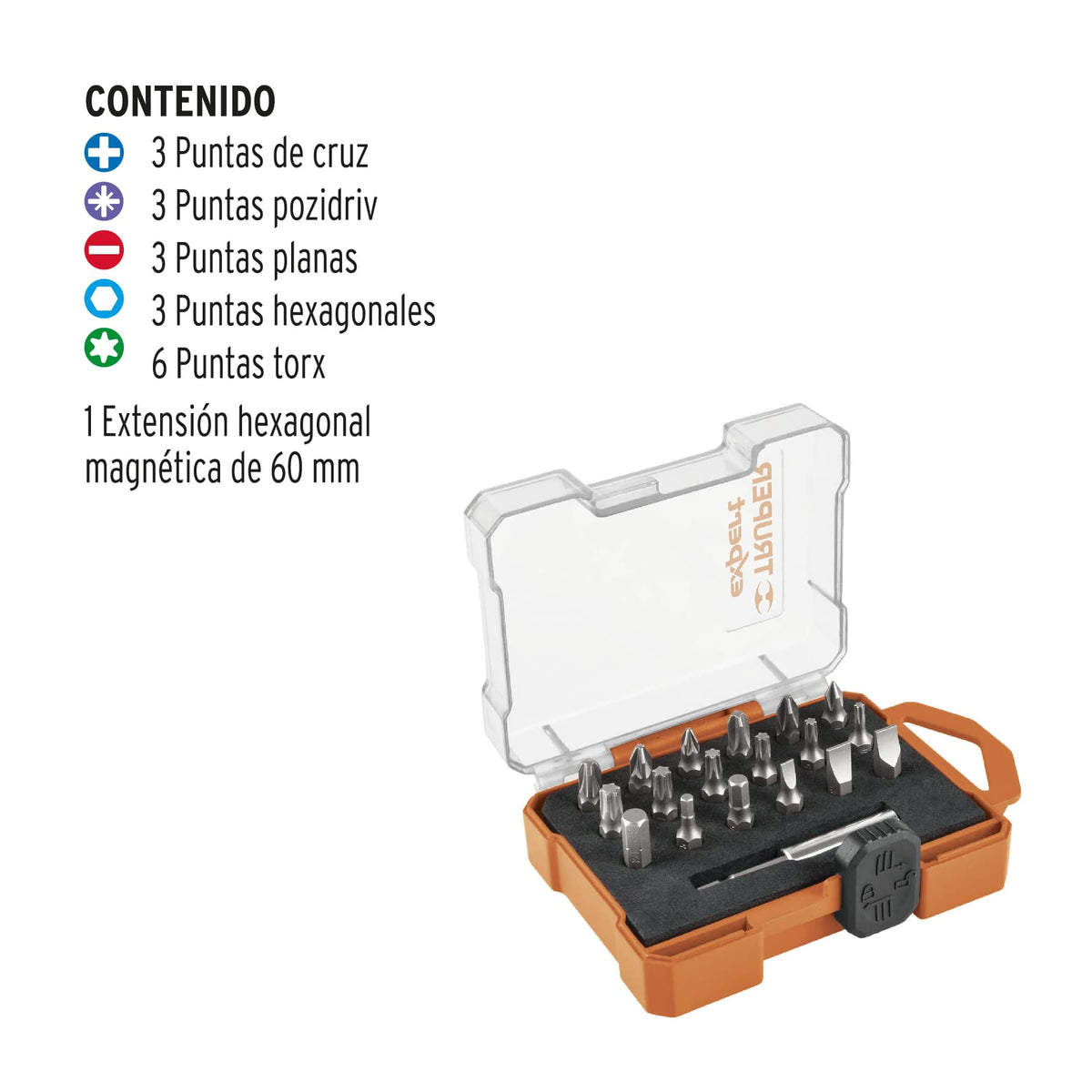 Juego de 19 Puntas Mixtas Largo 1' Estuche Plástico, Expert
