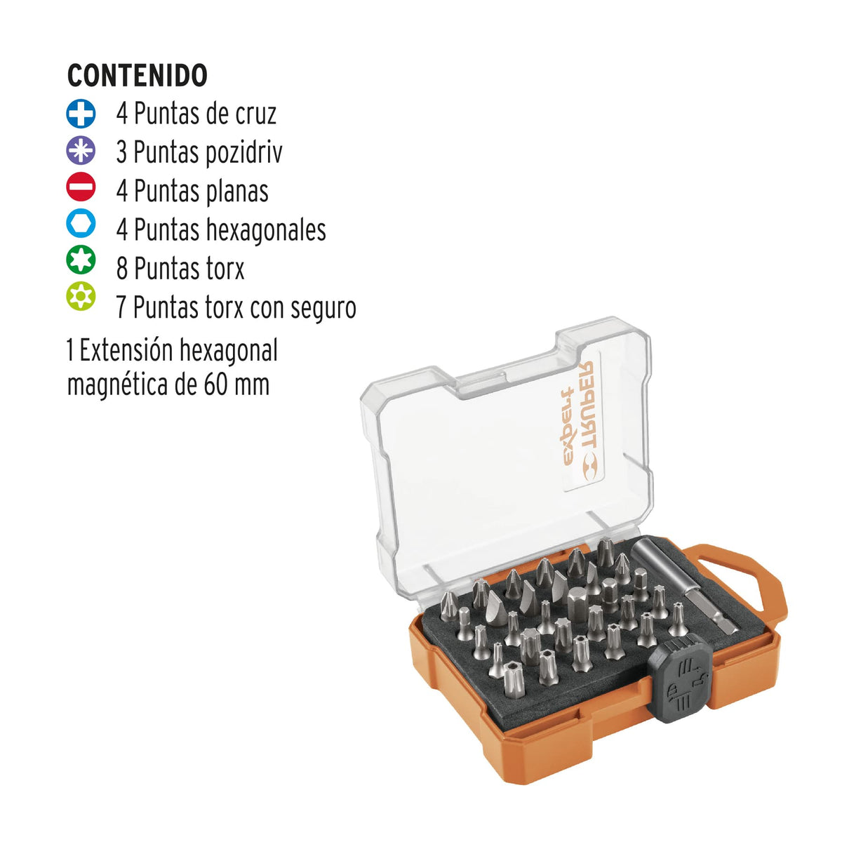 Juego de 31 Puntas Mixtas Largo 1' Estuche Plástico, Expert