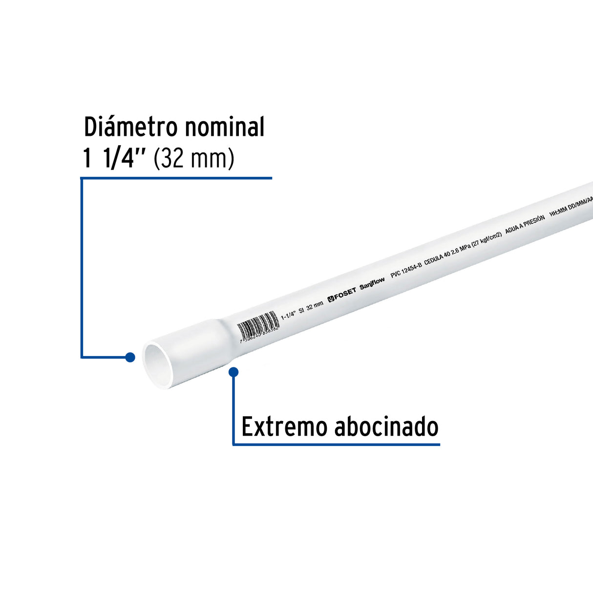 Tubo de 1-1/4' PVC Hidráulico Cédula 40, 3M, 1.9 kg, Foset