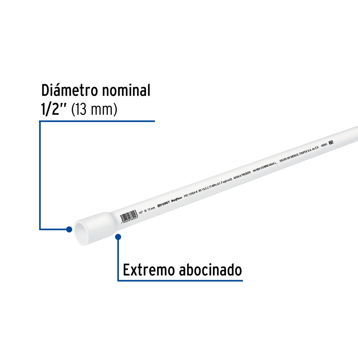 Tubo de 1/2' PVC Hidráulico Rd 21, 3M, 0.25 kg, Foset