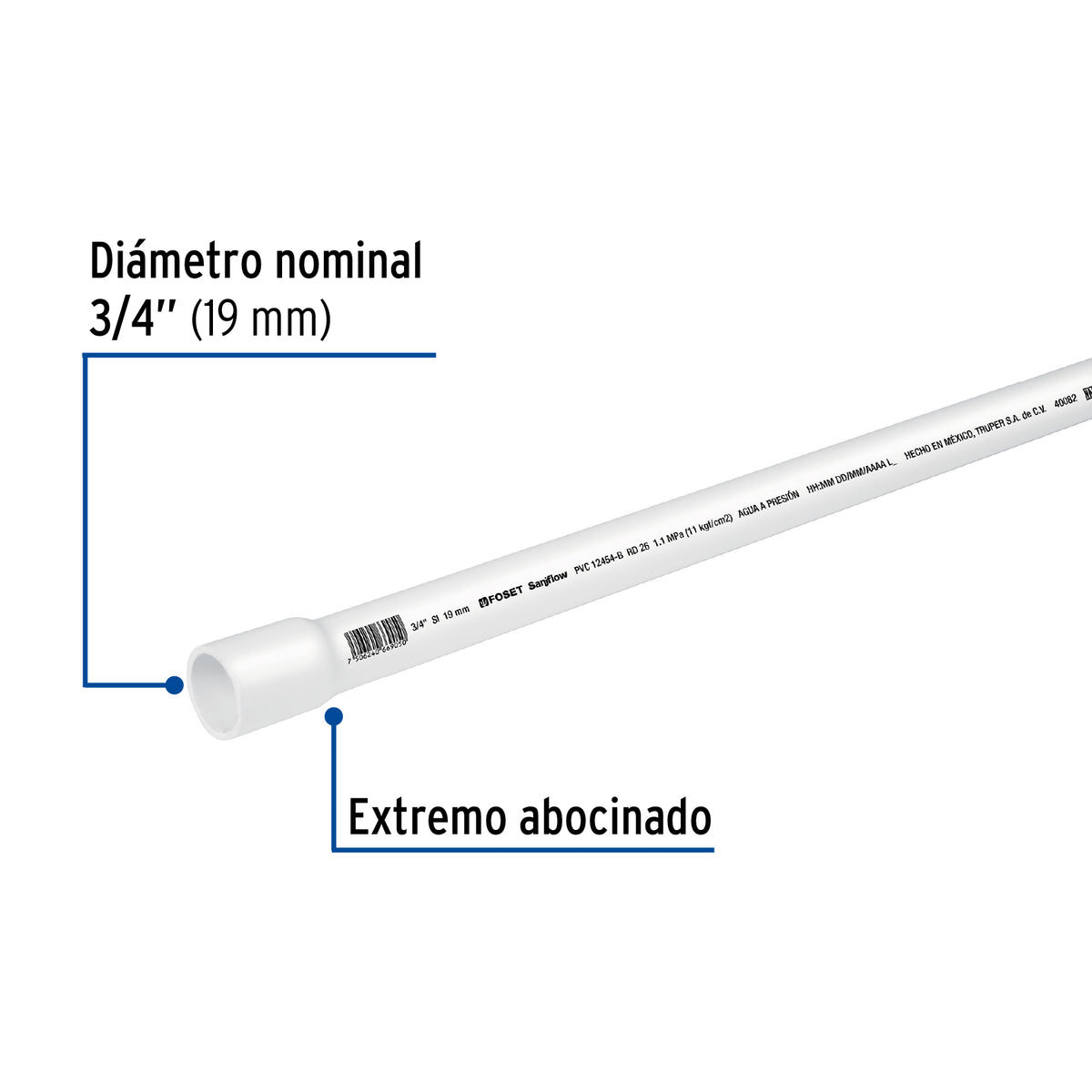 Tubo de 3/4' PVC Hidráulico Rd 26, 3M, 0.5 kg, Foset