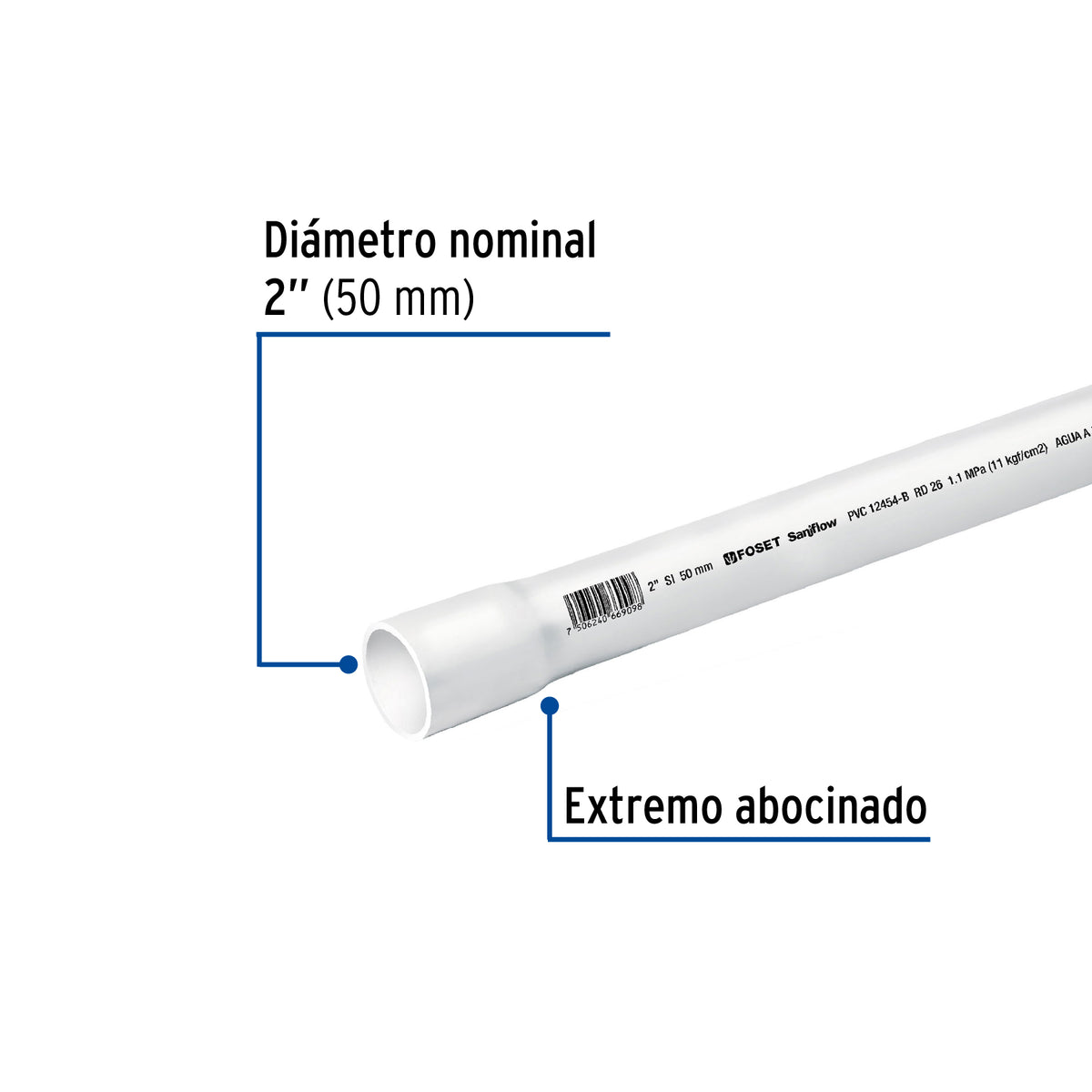 Tubo de 2' PVC Hidráulico Rd 26, 3M, 1.8 kg, Foset