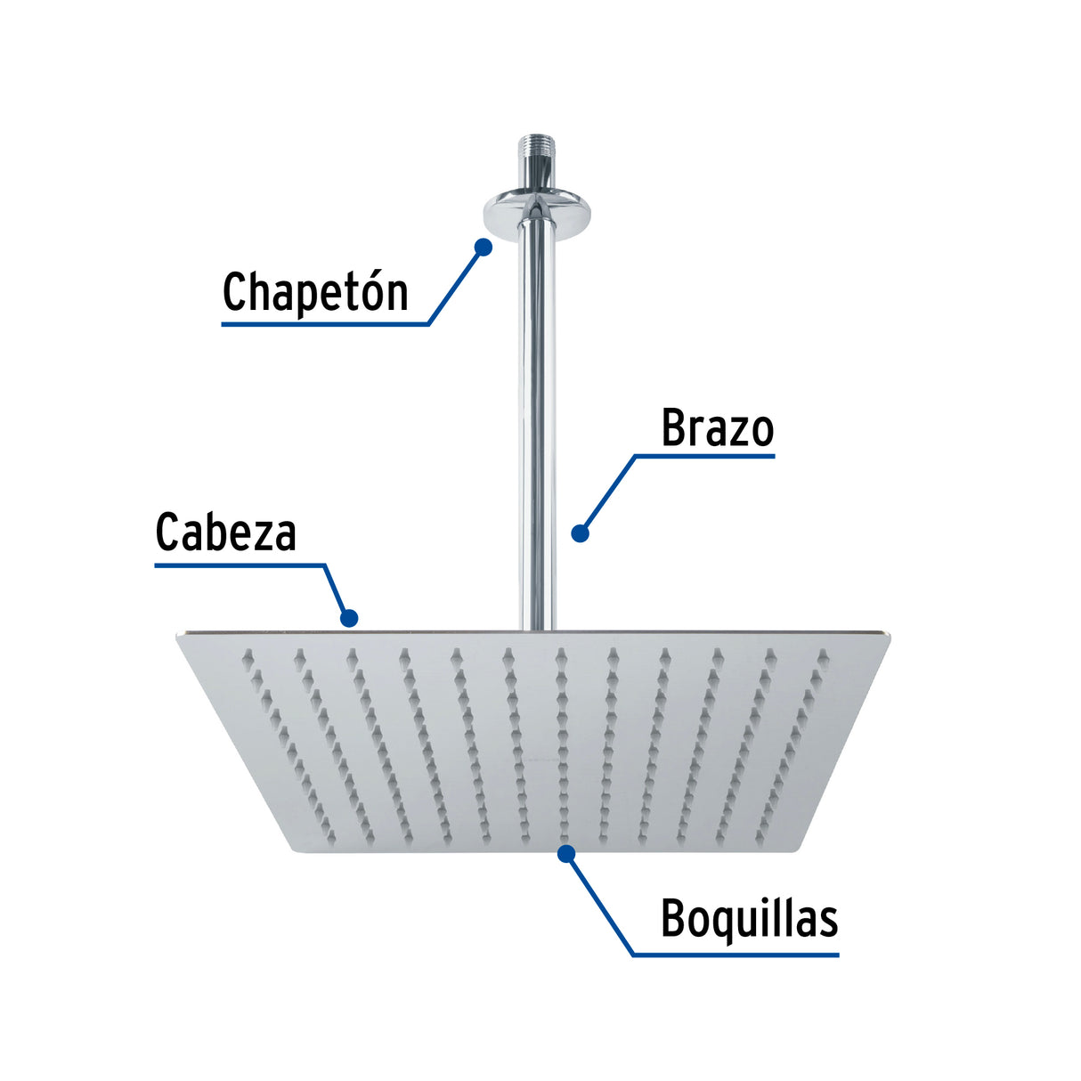 Regadera Plato Cuadrado 12' con Brazo, Cromo, Foset Riviera