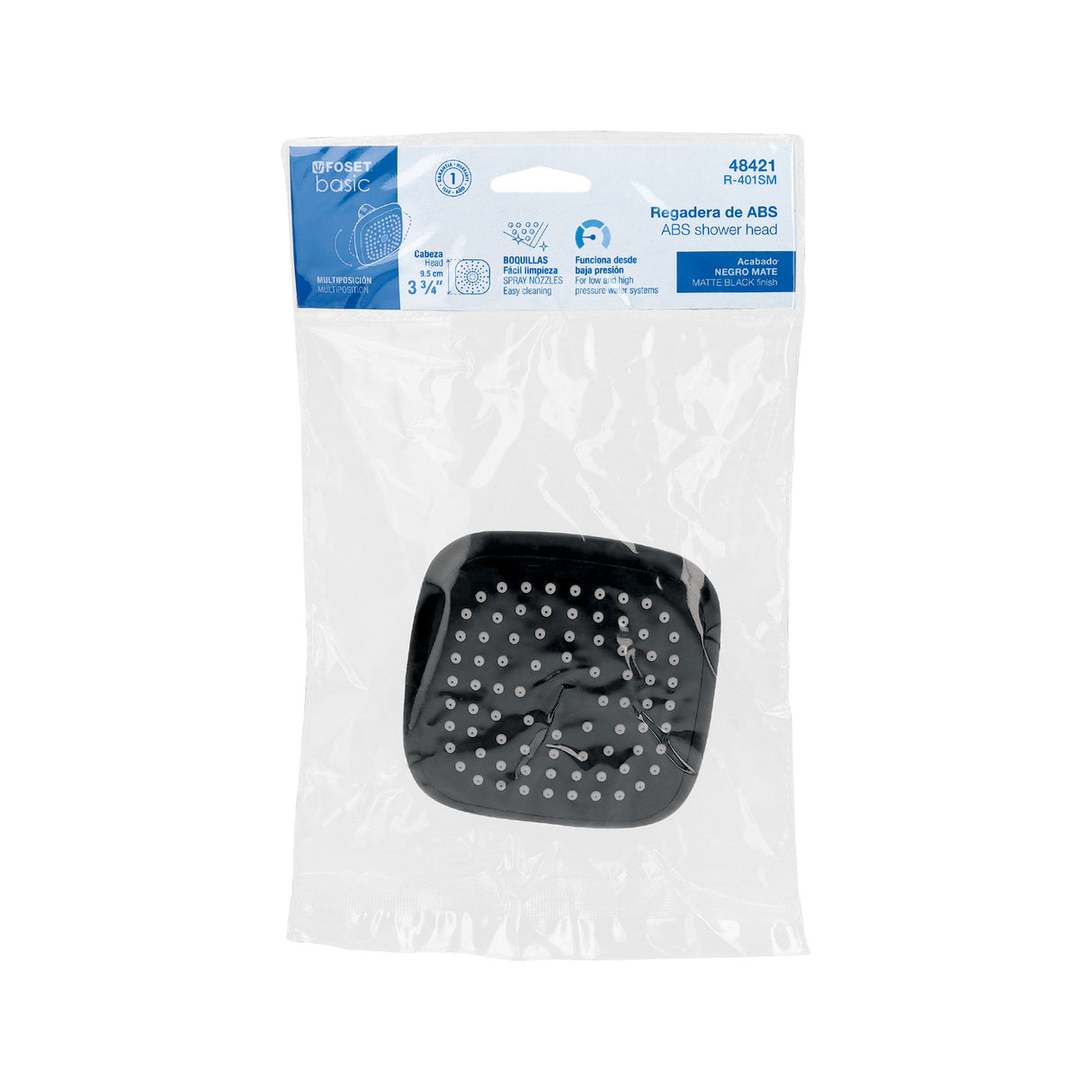 Regadera Cuadrada de ABS 3-3/4' sin Brazo, Negro, Basic