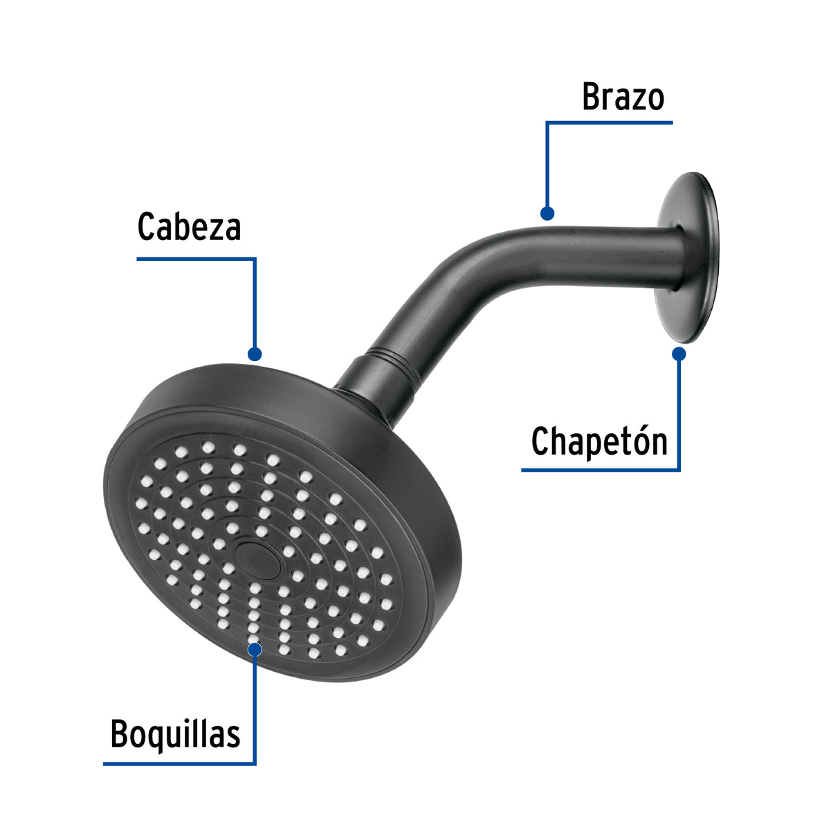 Regadera Redonda 4-1/4' Brazo y Chapetón, Negro, Basic