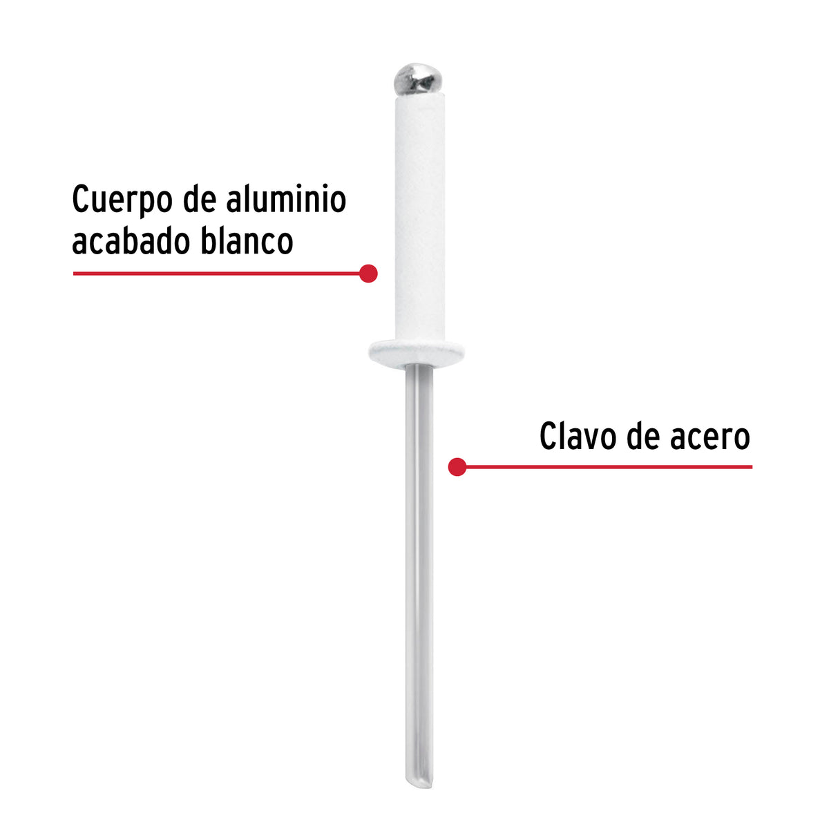 Bolsa C/50 Remaches 1/8'X1/2' Blancos de Aluminio, Ala 1/4'