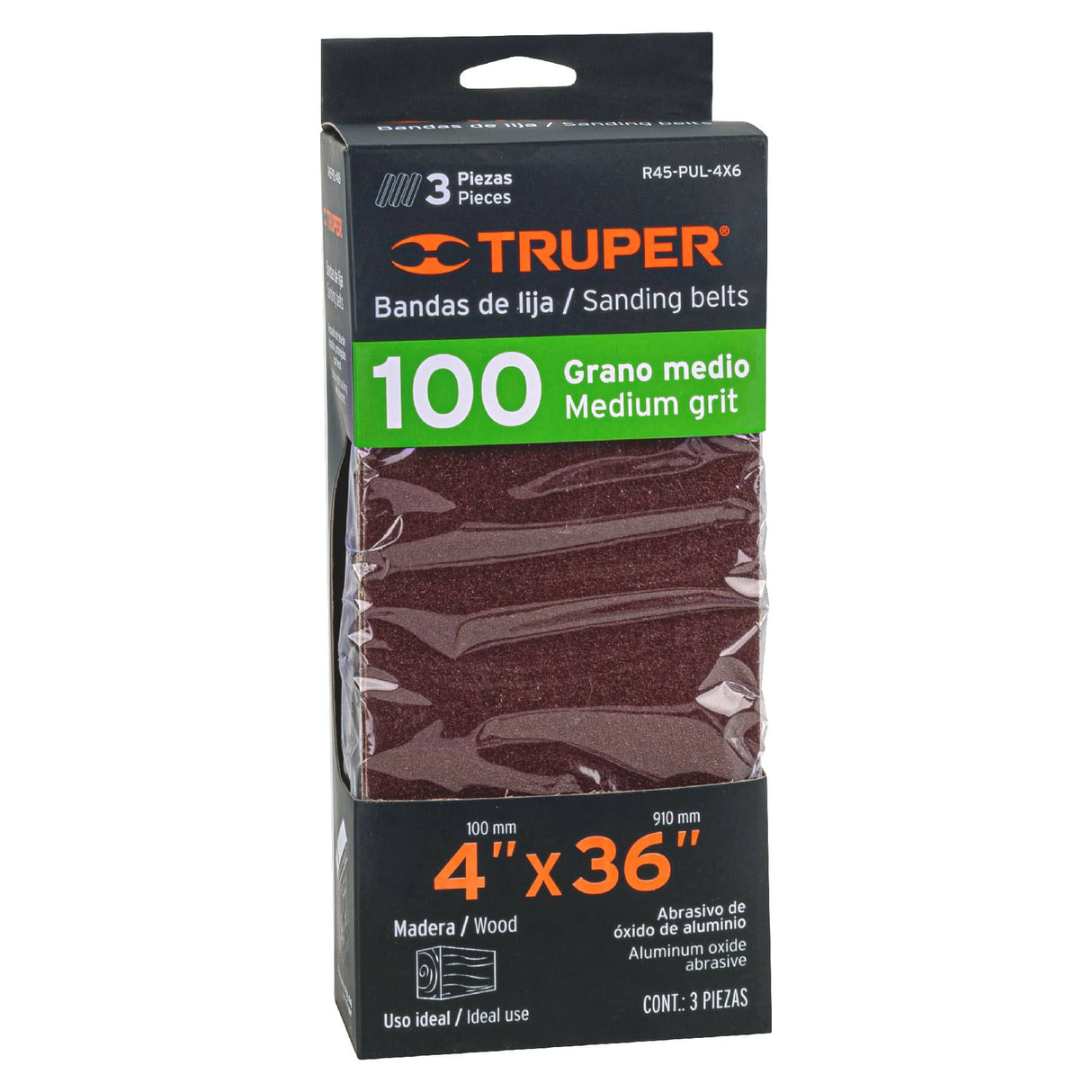 Caja con 3 Bandas de Lija 4' X 36' Grano 100 para Pul 4X6