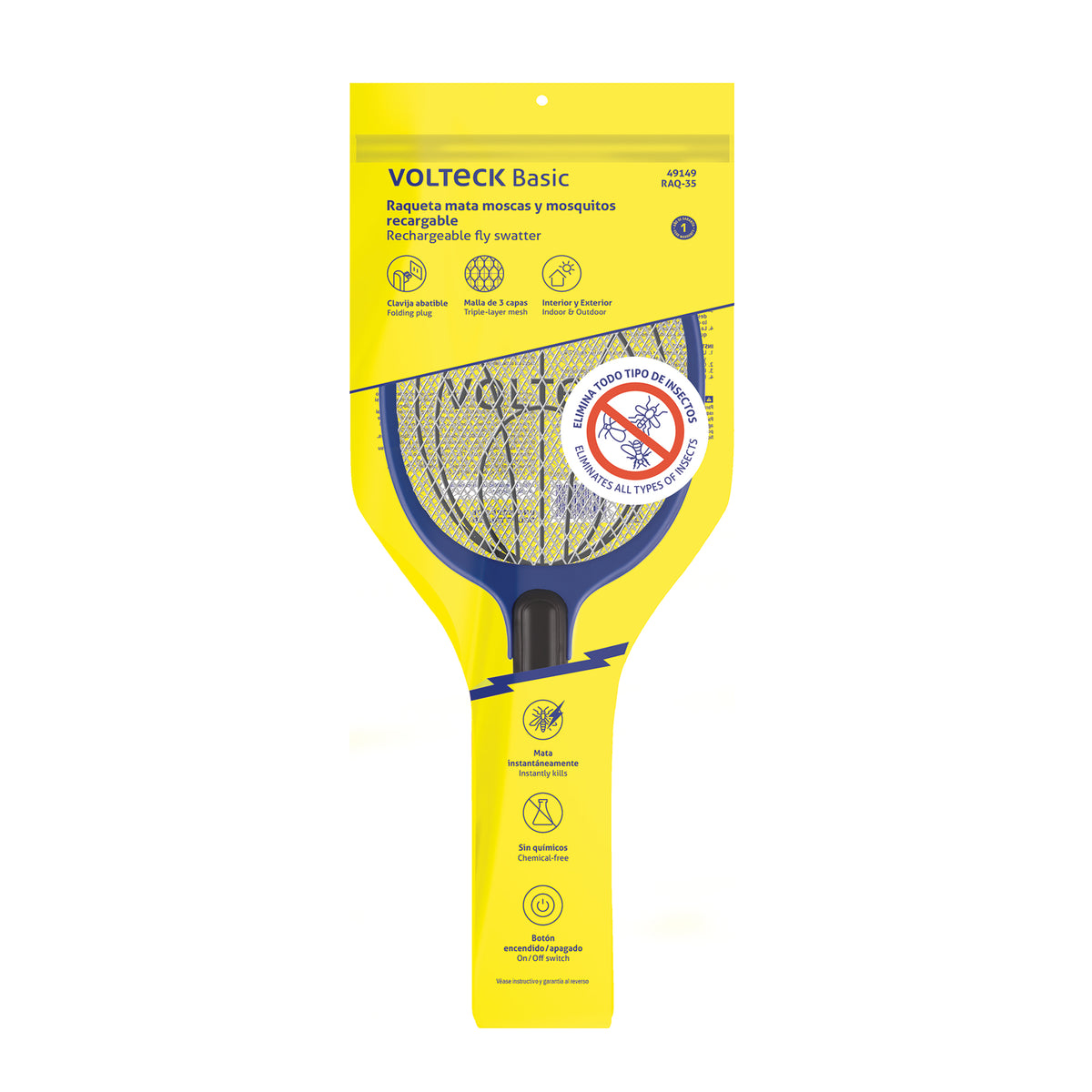 Raqueta Mata Moscas y Mosquitos, Recargable, Volteck