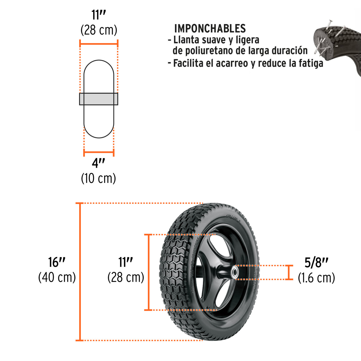 Llanta Completa Imponchable 16', Incluye Eje y Baleros