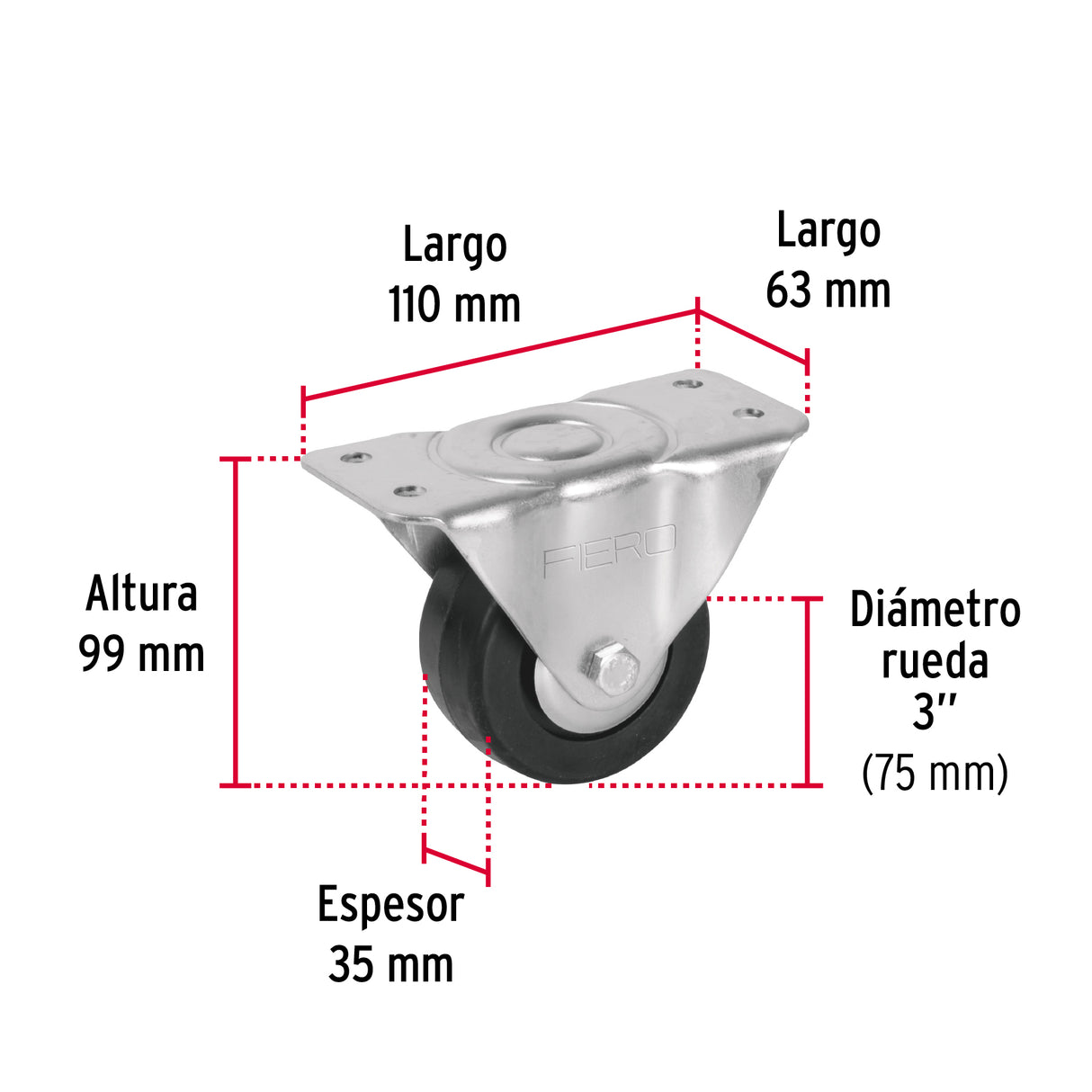 Rodaja Hule 3', Placa Fija con Balero, Carga 60 kg, Fiero
