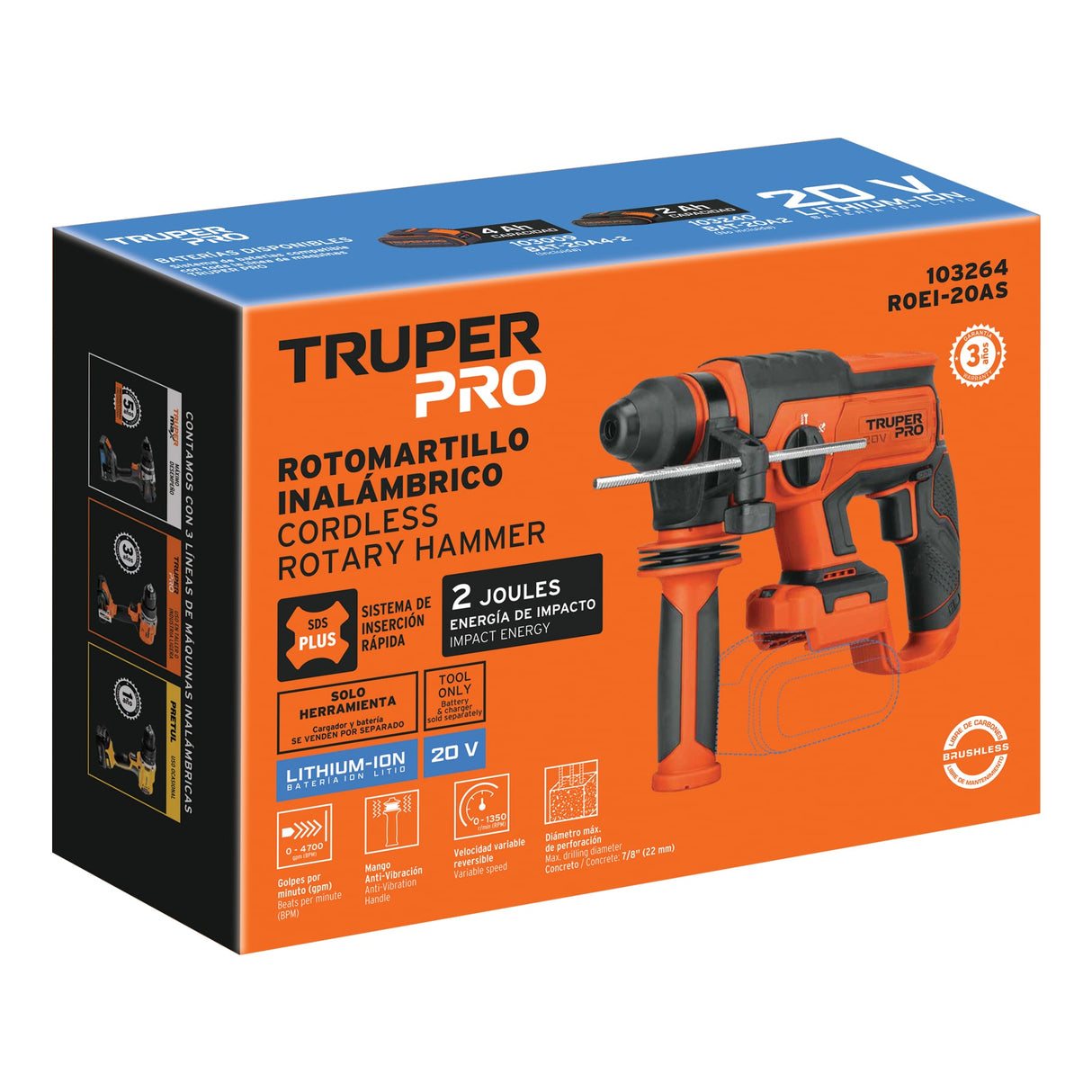 Rotomartillo SDS Plus 20 V, 2 J, sin Accesorios, Truper Pro