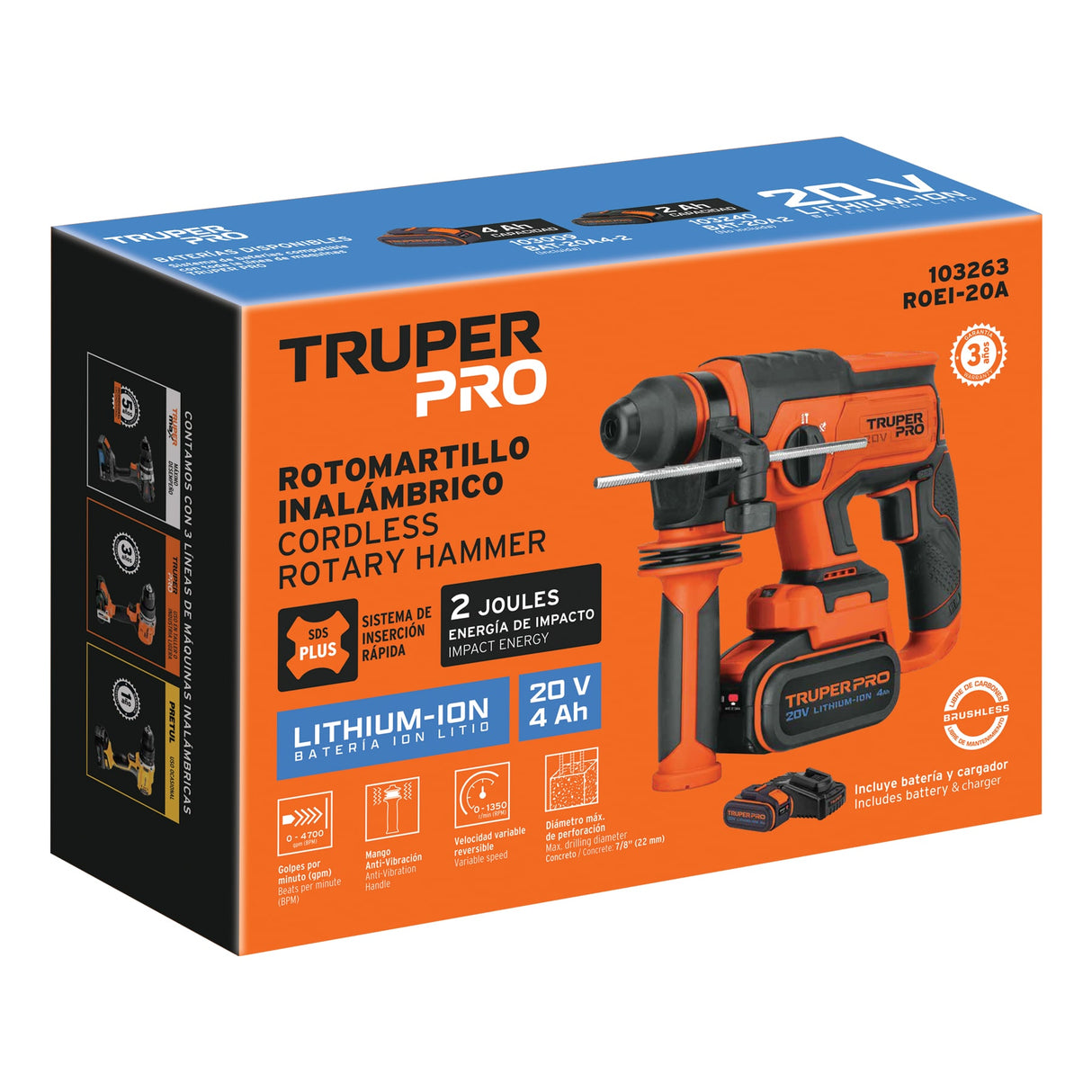 Rotomartillo SDS Plus 20 V, 2 J, 1 Batería 4 Ah, Truper Pro