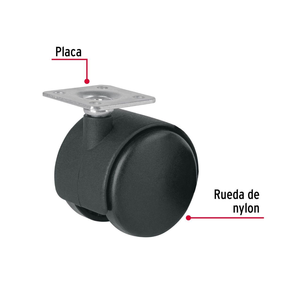 Rodaja Tipo Yoyo de 50 mm con Placa, sin Freno, Fiero