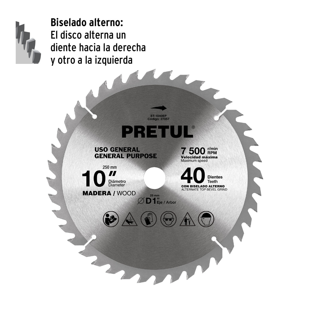 Disco Sierra 10' para Madera, 40 Dientes Centro 1', Pretul