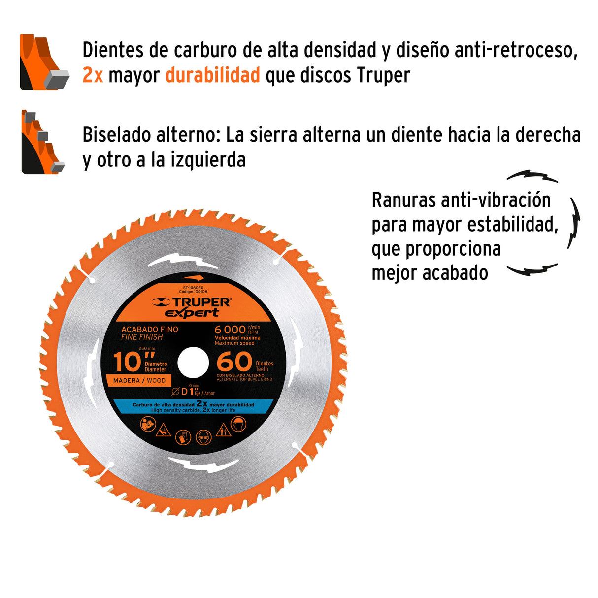 Disco Sierra 10' para Madera, 60 Dientes Centro 1', Expert