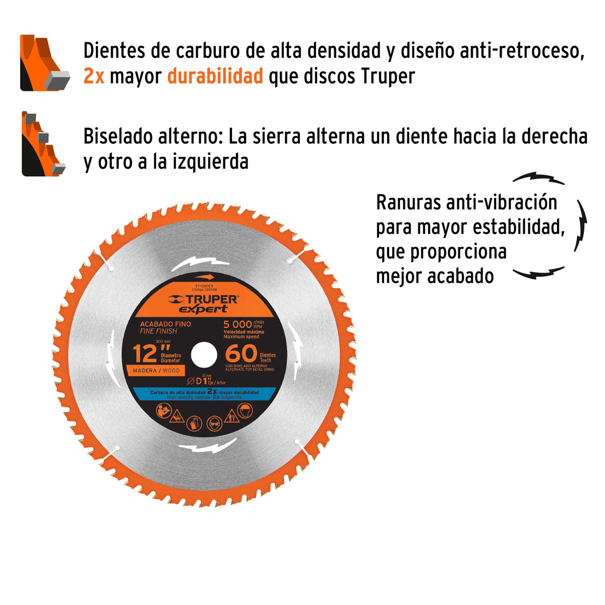 Disco Sierra 12' para Madera, 60 Dientes Centro 1', Expert