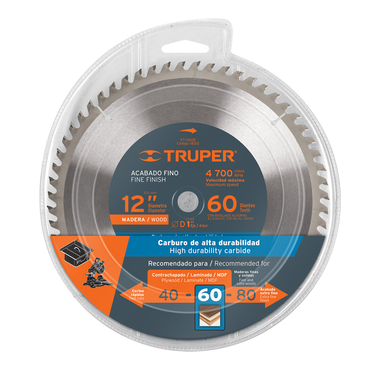 Disco Sierra 12' para Madera, 60 Dientes Centro 1', Truper