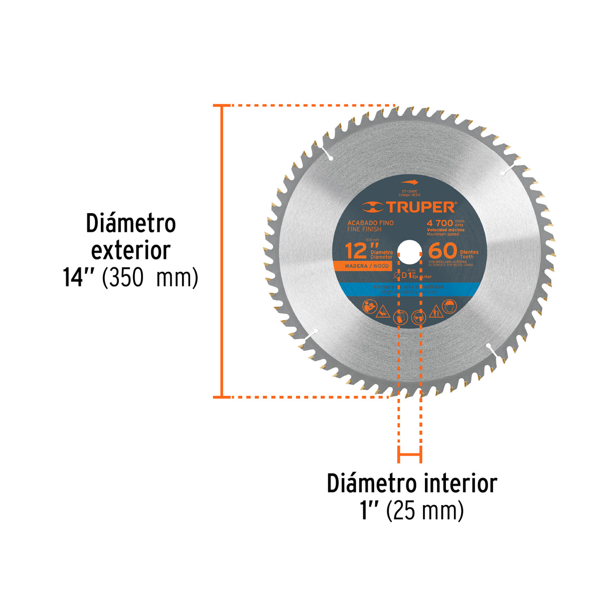 Disco Sierra 12' para Madera, 60 Dientes Centro 1', Truper