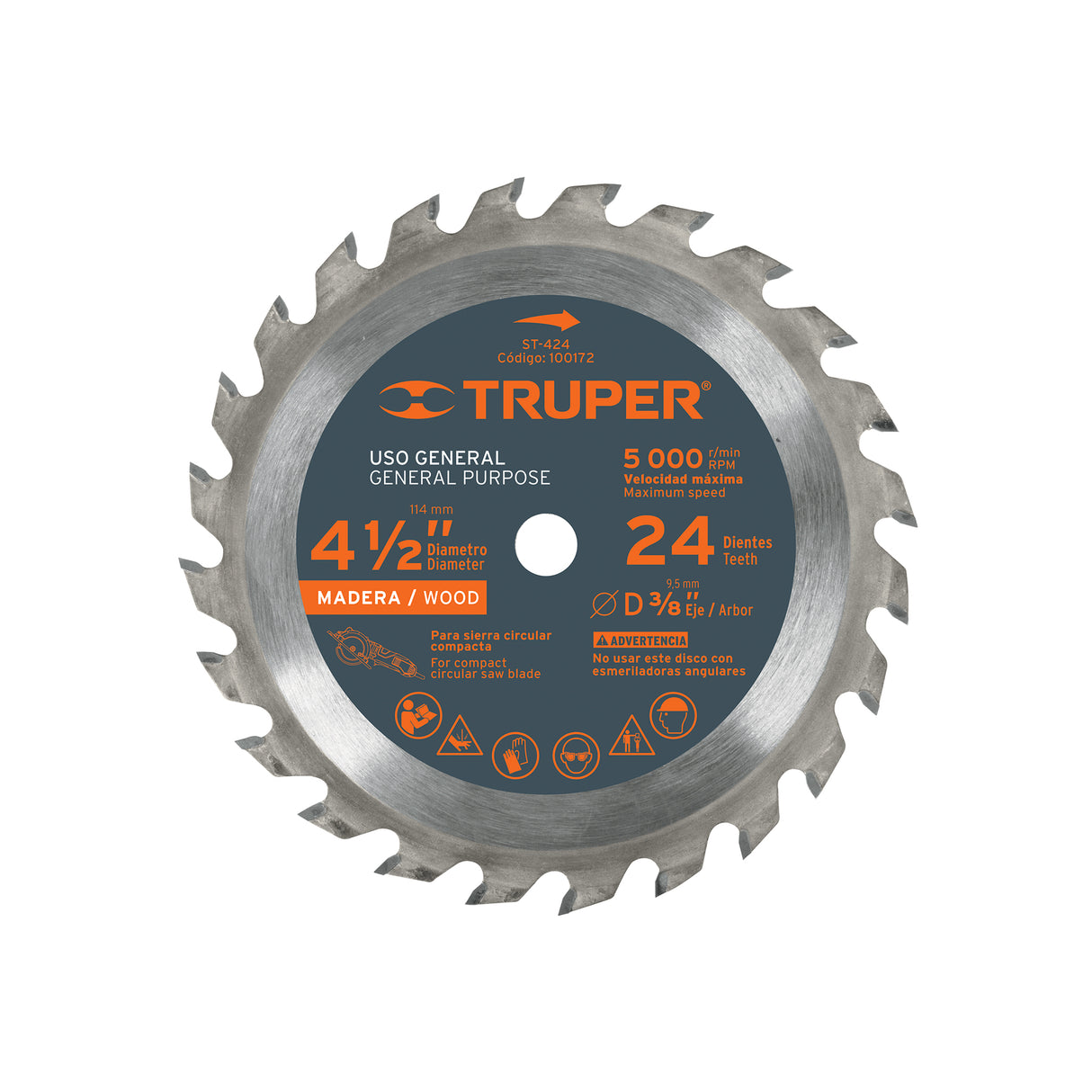 Disco Sierra 4-1/2' para Madera, 24 Dientes Centro 3/8'
