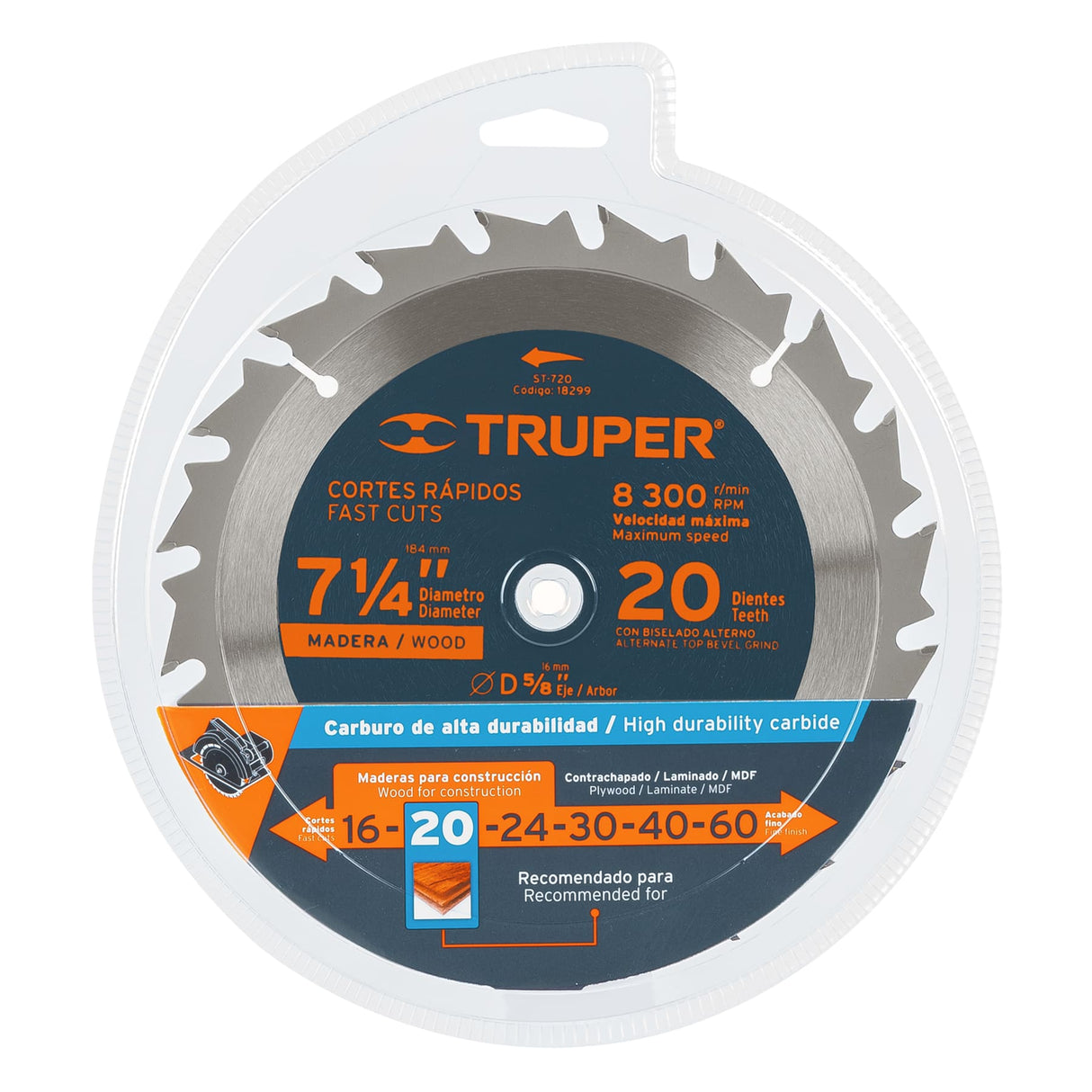Disco Sierra 7- 1/4' para Madera, 20 Dientes Centro 5/8'