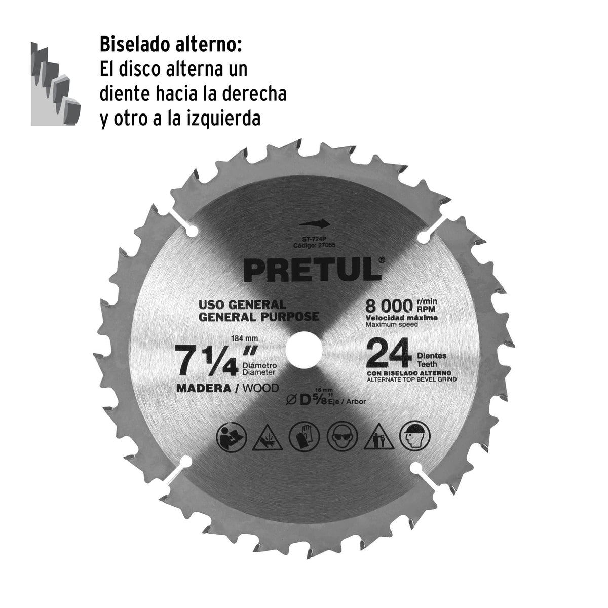 Disco Sierra 7-1/4' para Madera, 24 Dientes Centro 5/8', Pretul