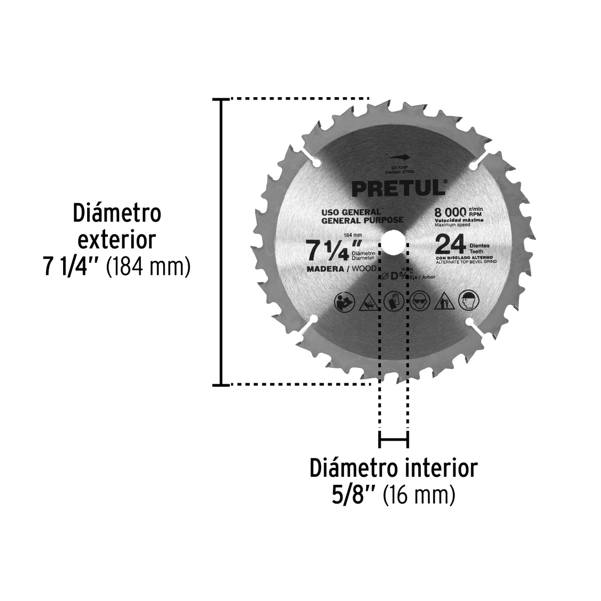 Disco Sierra 7-1/4' para Madera, 24 Dientes Centro 5/8', Pretul