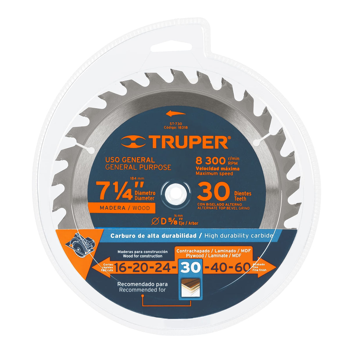 Disco Sierra 7- 1/4' para Madera, 30 Dientes Centro 5/8'