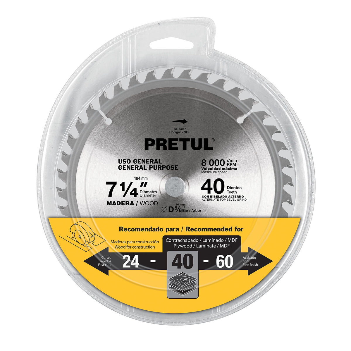 Disco Sierra 7-1/4' para Madera, 40 Dientes Centro 5/8', Pretul