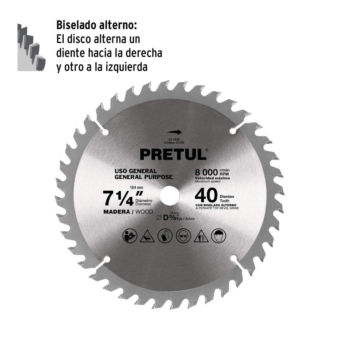 Disco Sierra 7-1/4' para Madera, 40 Dientes Centro 5/8', Pretul