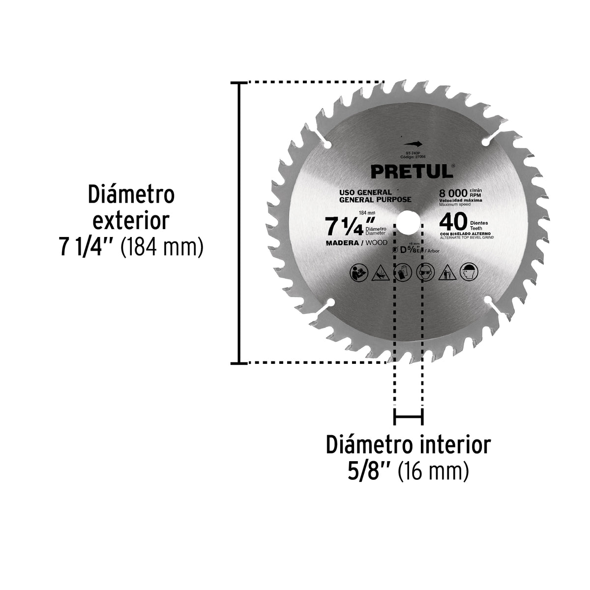 Disco Sierra 7-1/4' para Madera, 40 Dientes Centro 5/8', Pretul