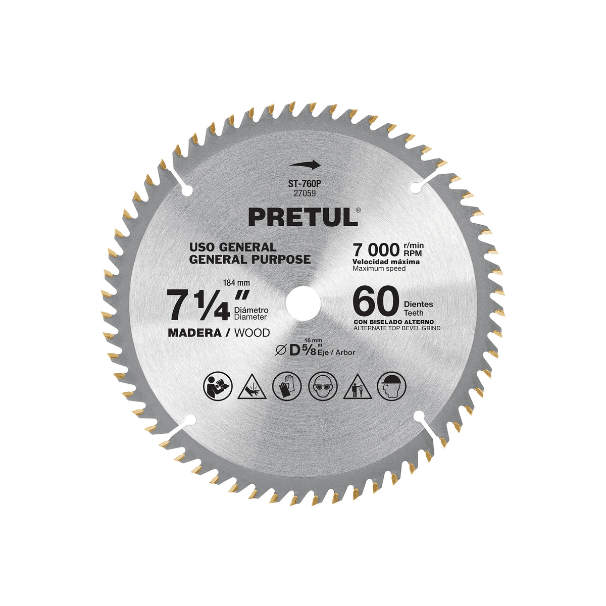 Disco Sierra 7-1/4' para Madera, 60 Dientes Centro 5/8', Pretul