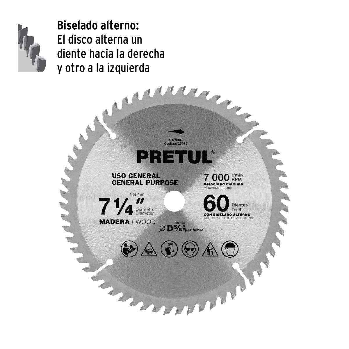 Disco Sierra 7-1/4' para Madera, 60 Dientes Centro 5/8', Pretul