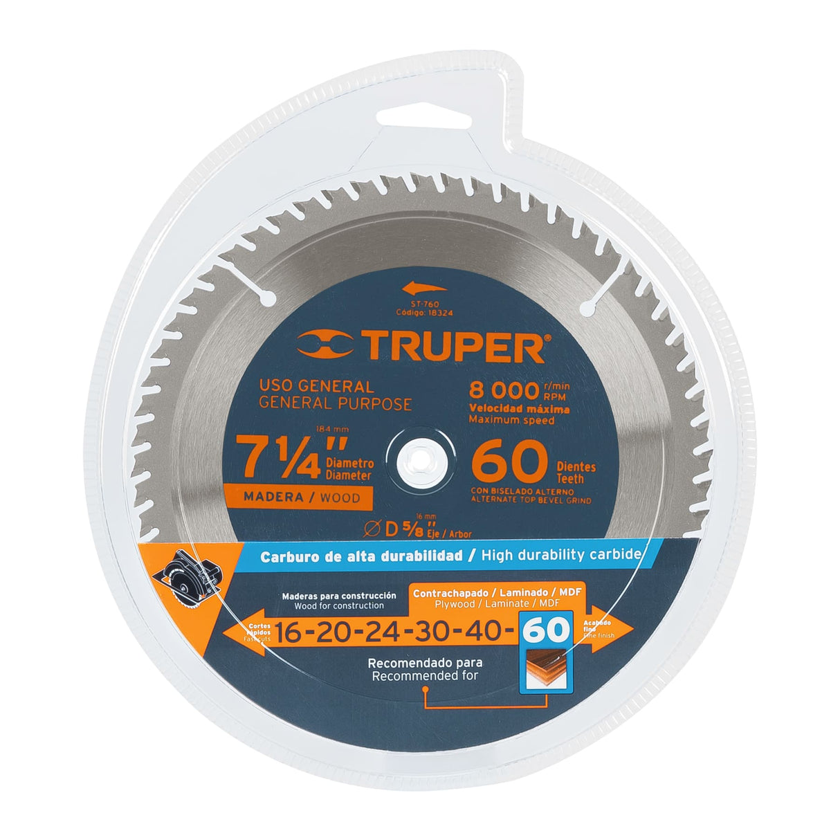 Disco Sierra 7- 1/4' para Madera, 60 Dientes Centro 5/8'