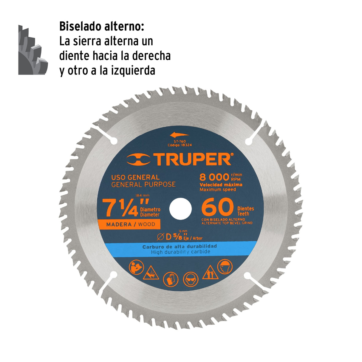 Disco Sierra 7- 1/4' para Madera, 60 Dientes Centro 5/8'