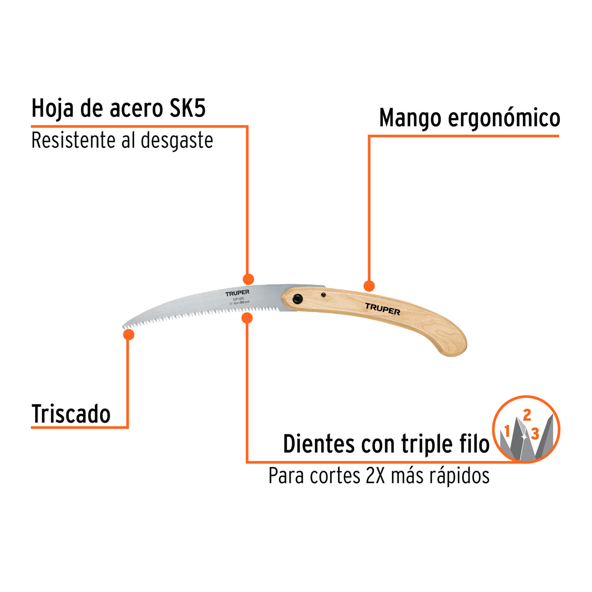 Serrucho Plegable 10' Hoja Curva 6 Dpp, Mango Madera, Truper