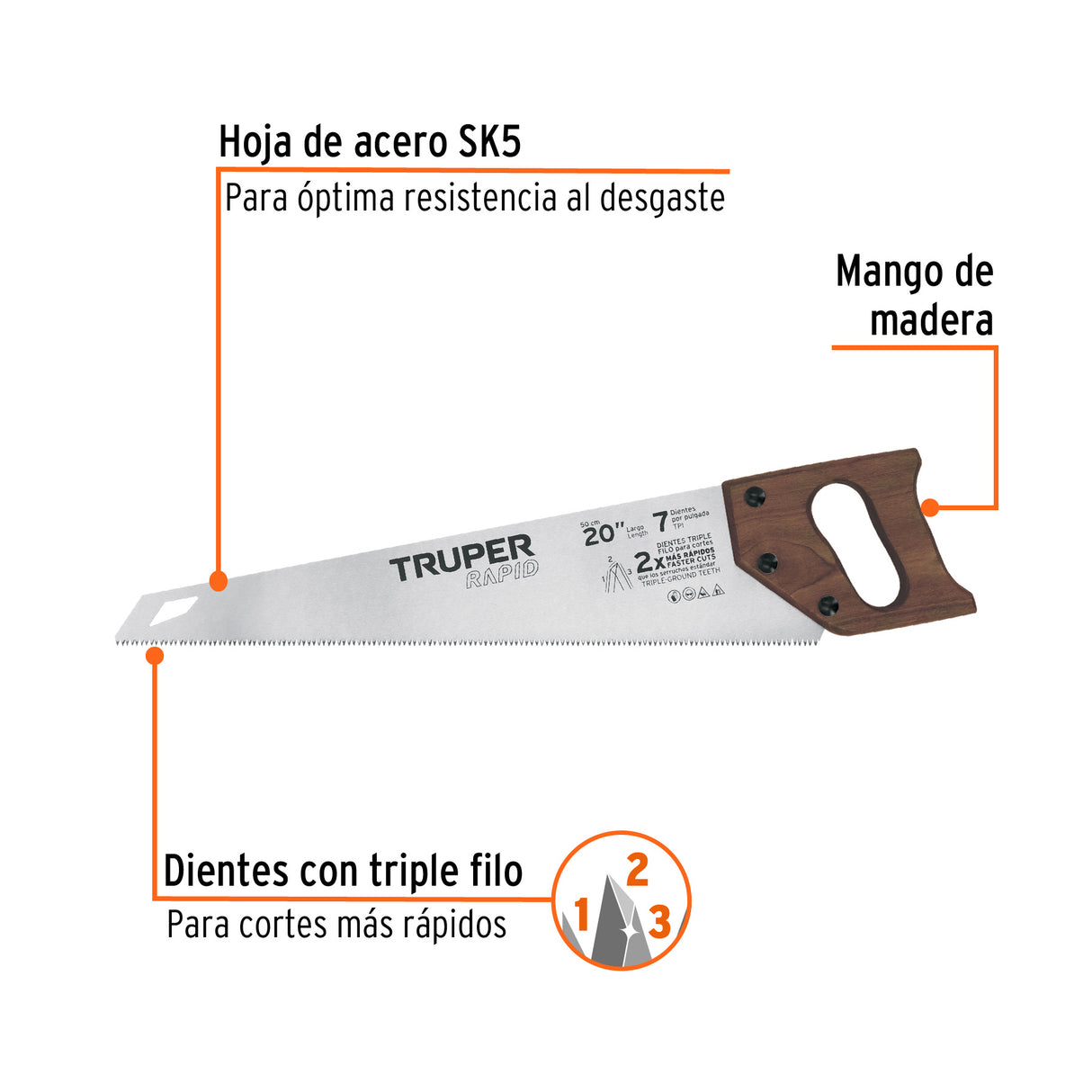 Serrucho Rapid 20', 7 Dpp, Mango de Madera, Truper