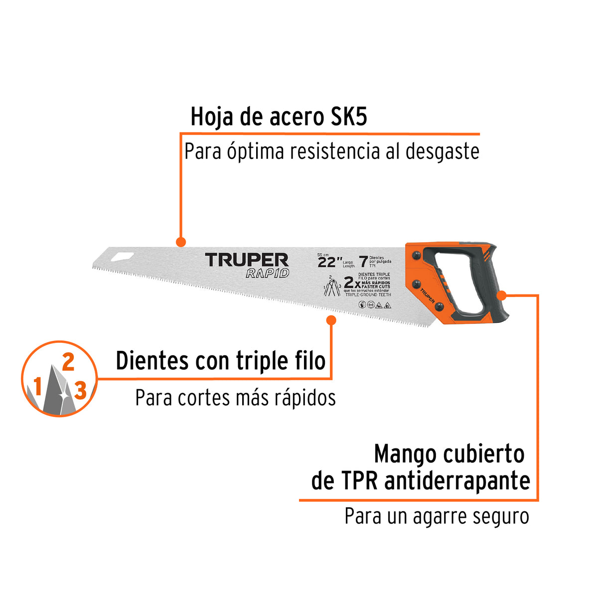 Serrucho Rapid 22', 7 Dpp, Mango Comfort Grip, Truper